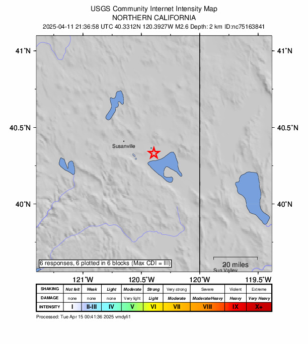 USGS DYFI community-reported intensity map for the M2.6 earthquake near 11 km  of Honey Lake, CA