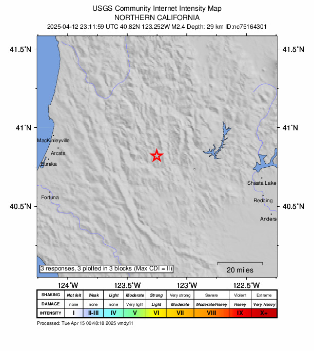 USGS DYFI community-reported intensity map for the M2.4 earthquake near 28 km WNW of Weaverville, CA