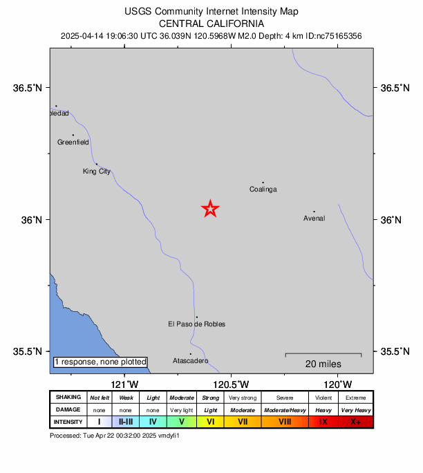 USGS DYFI community-reported intensity map for the M2.0 earthquake near 22 km NNW of Parkfield, CA