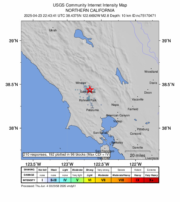 USGS DYFI community-reported intensity map for the M2.8 earthquake near 3 km ESE of Santa Rosa, CA