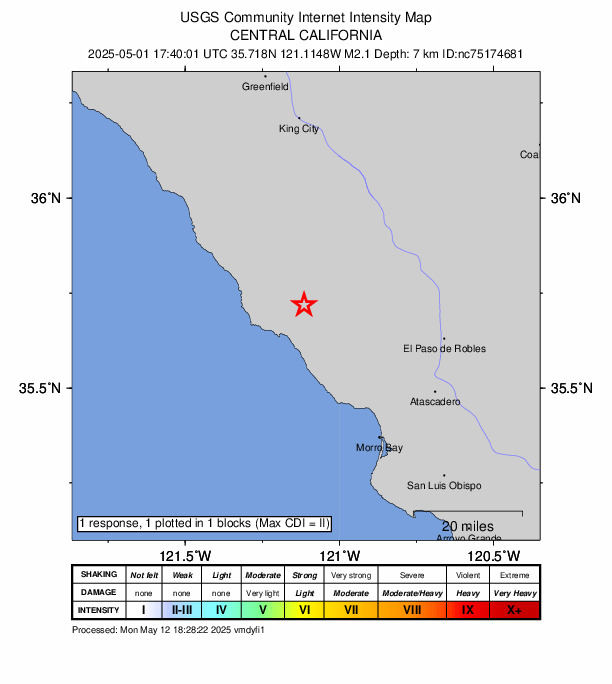 USGS DYFI community-reported intensity map for the M2.1 earthquake near 11 km NE of San Simeon, CA