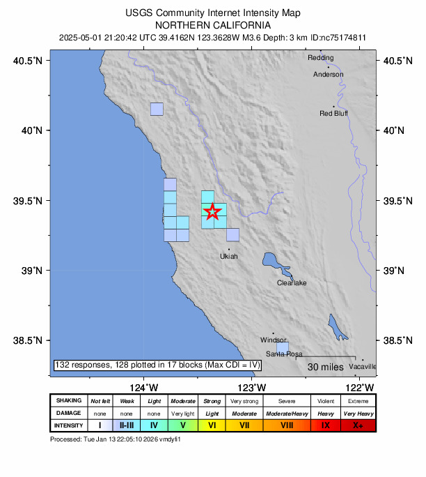 USGS DYFI community-reported intensity map for the M3.6 earthquake near 1 km NNW of Willits, CA