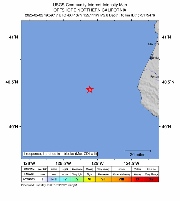 USGS DYFI community-reported intensity map for the M2.8 earthquake near 71 km WNW of Petrolia, CA