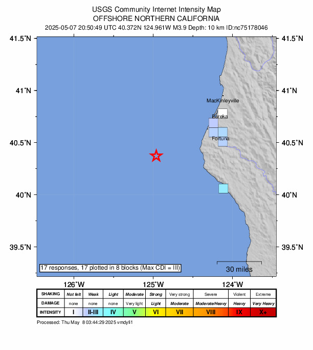 USGS DYFI community-reported intensity map for the M3.9 earthquake near 58 km WNW of Petrolia, CA