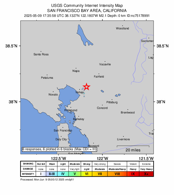 USGS DYFI community-reported intensity map for the M2.1 earthquake near 5 km ENE of Vallejo, CA