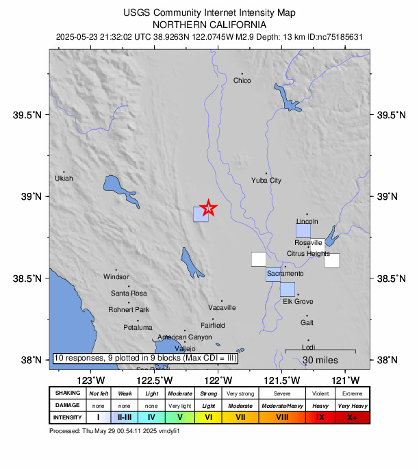 USGS DYFI community-reported intensity map for the M2.9 earthquake near 10 km NW of Dunnigan, CA