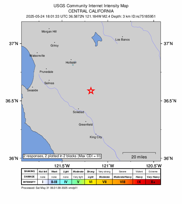 USGS DYFI community-reported intensity map for the M2.4 earthquake near 7 km NNW of Pinnacles, CA