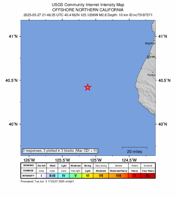 USGS DYFI community-reported intensity map for the M2.8 earthquake near 72 km WNW of Petrolia, CA