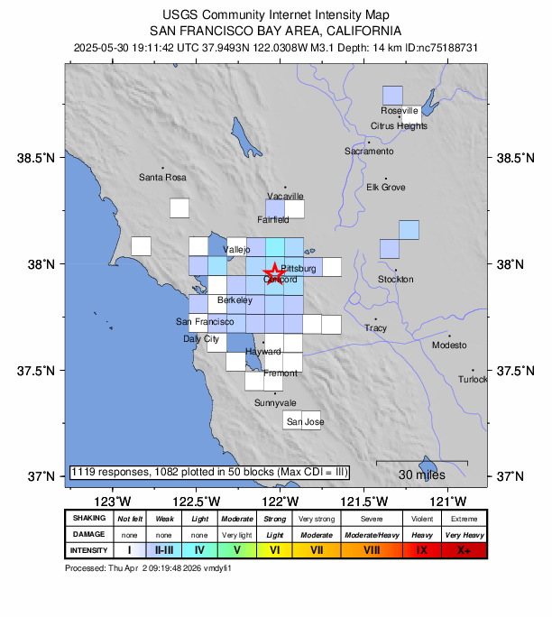 USGS DYFI community-reported intensity map for the M3.1 earthquake near 2 km SW of Concord, CA
