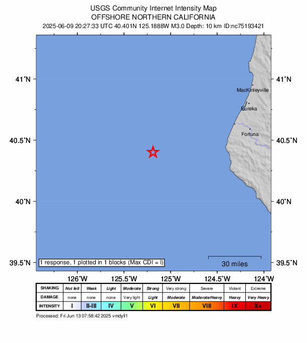 USGS DYFI community-reported intensity map for the M3.0 earthquake near 77 km WNW of Petrolia, CA