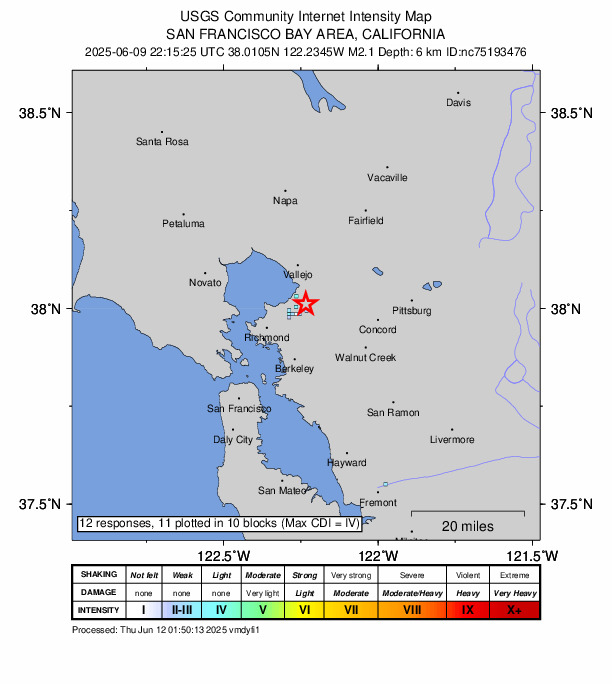 USGS DYFI community-reported intensity map for the M2.1 earthquake near 4 km SE of Rodeo, CA