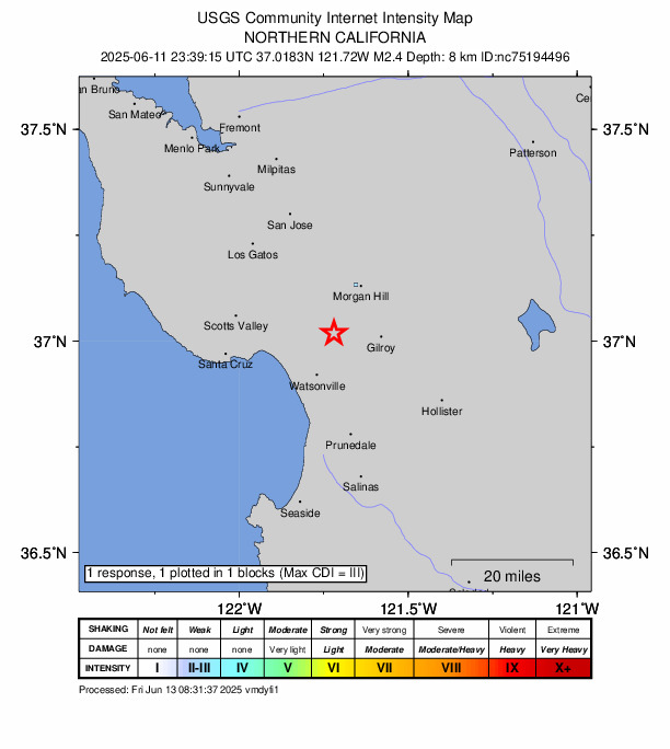 USGS DYFI community-reported intensity map for the M2.4 earthquake near 8 km NNE of Interlaken, CA