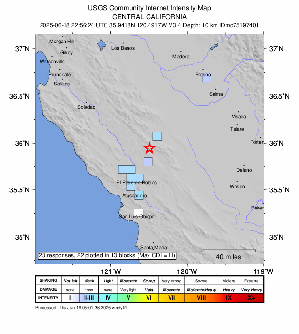 USGS DYFI community-reported intensity map for the M3.4 earthquake near 7 km NW of Parkfield, CA