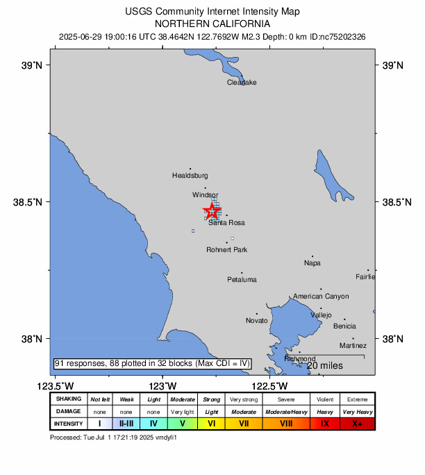 USGS DYFI community-reported intensity map for the M2.3 earthquake near 6 km SSW of Larkfield-Wikiup, CA