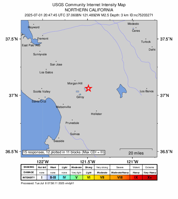 USGS DYFI community-reported intensity map for the M2.5 earthquake near 9 km ENE of Gilroy, CA