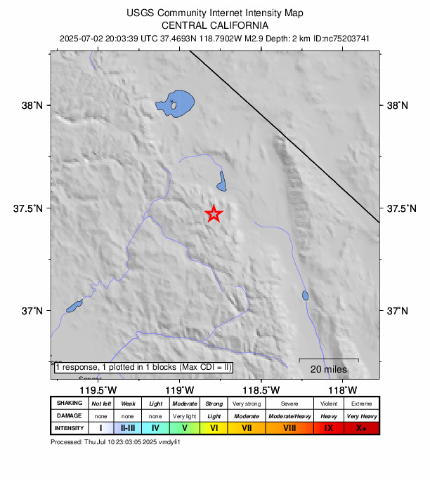 USGS DYFI community-reported intensity map for the M2.9 earthquake near 14 km SW of Toms Place, CA