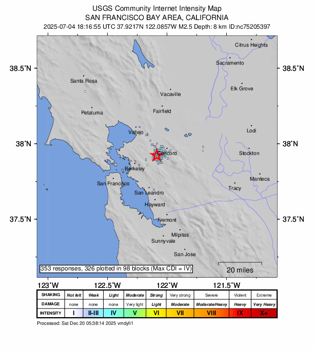 USGS DYFI community-reported intensity map for the M2.5 earthquake near 2 km NW of Walnut Creek, CA