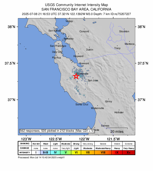 USGS DYFI community-reported intensity map for the M3.0 earthquake near 5 km WSW of Loyola, CA