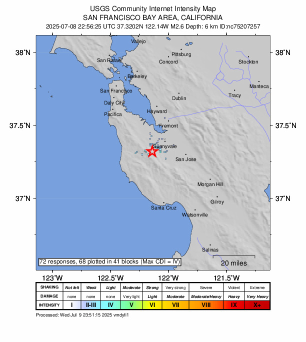 USGS DYFI community-reported intensity map for the M2.6 earthquake near 5 km WSW of Loyola, CA