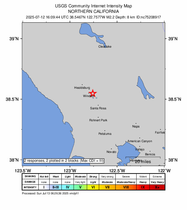 USGS DYFI community-reported intensity map for the M2.2 earthquake near 4 km N of Larkfield-Wikiup, CA