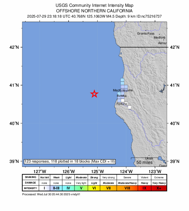 USGS DYFI community-reported intensity map for the M4.5 earthquake near 74 km WNW of Ferndale, CA