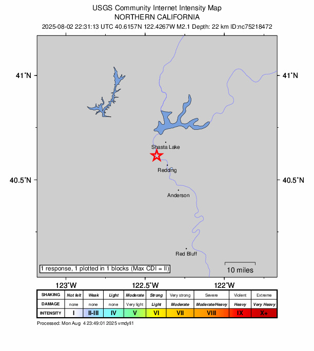 USGS DYFI community-reported intensity map for the M2.1 earthquake near 6 km E of Shasta, CA