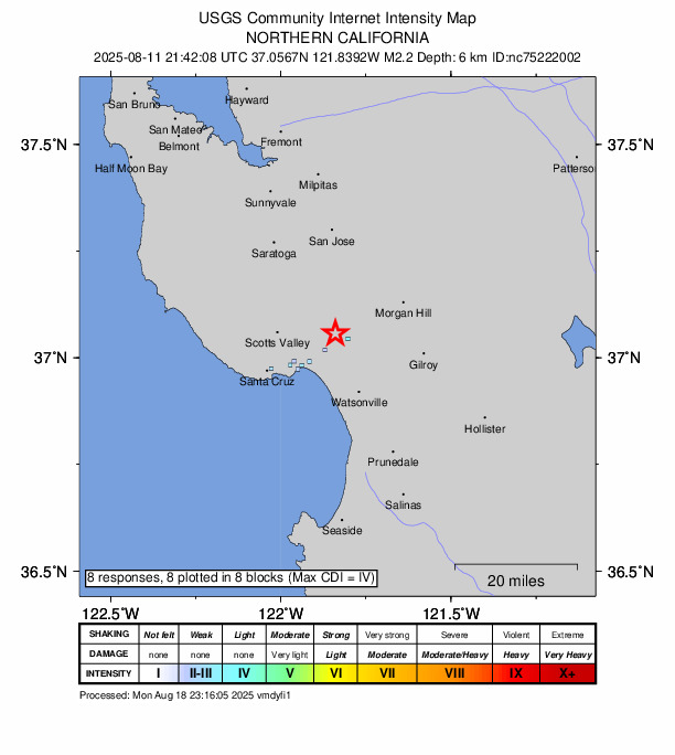 USGS DYFI community-reported intensity map for the M2.2 earthquake near 3 km NE of Day Valley, CA
