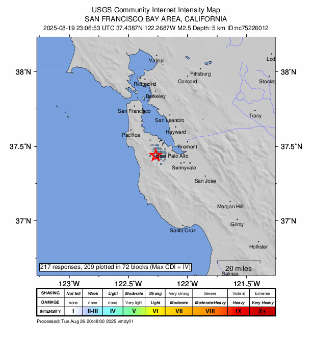 USGS DYFI community-reported intensity map for the M2.5 earthquake near 2 km NW of Woodside, CA