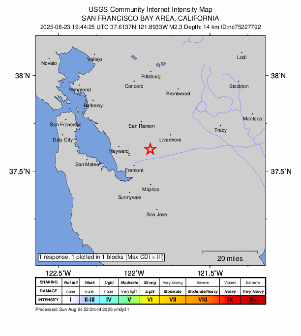 USGS DYFI community-reported intensity map for the M2.3 earthquake near 1 km N of Sunol, CA