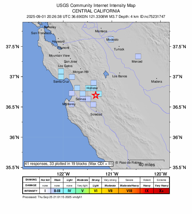 USGS DYFI community-reported intensity map for the M3.7 earthquake near 11 km S of Tres Pinos, CA