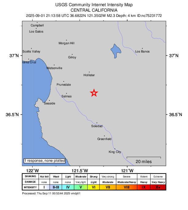 USGS DYFI community-reported intensity map for the M2.3 earthquake near 12 km SSW of Tres Pinos, CA