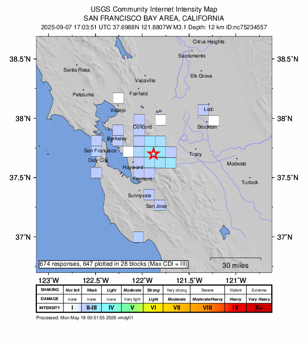 USGS DYFI community-reported intensity map for the M3.1 earthquake near 4 km N of Pleasanton, CA