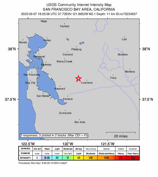 USGS DYFI community-reported intensity map for the M2.1 earthquake near 5 km N of Pleasanton, CA