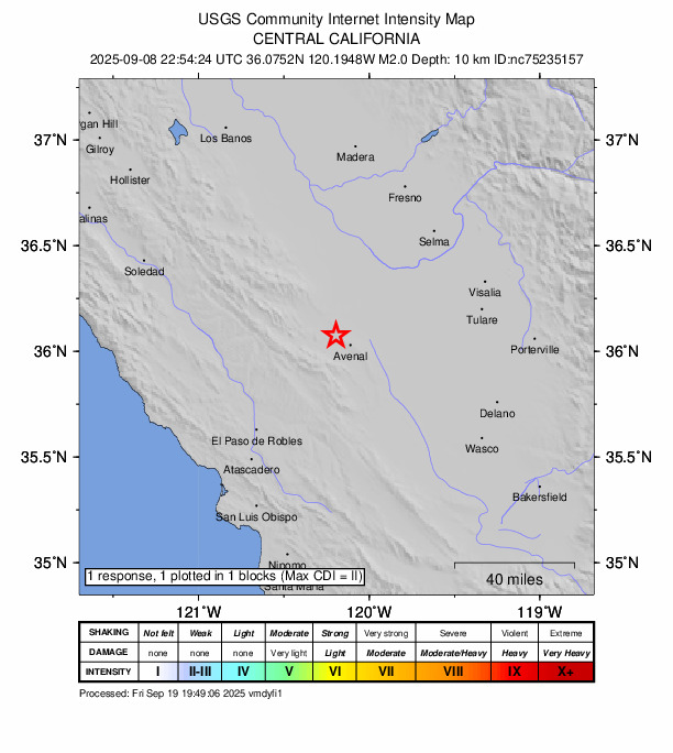USGS DYFI community-reported intensity map for the M2.0 earthquake near 10 km NW of Avenal, CA
