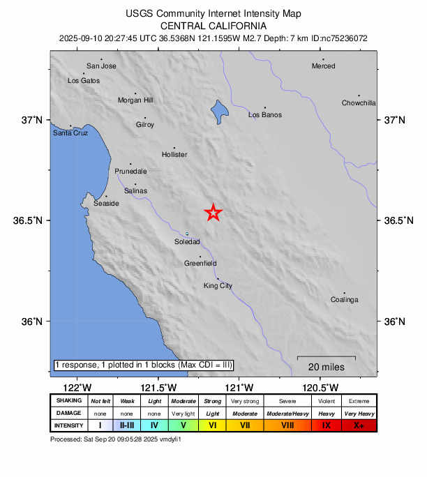 USGS DYFI community-reported intensity map for the M2.7 earthquake near 2 km WNW of Pinnacles, CA