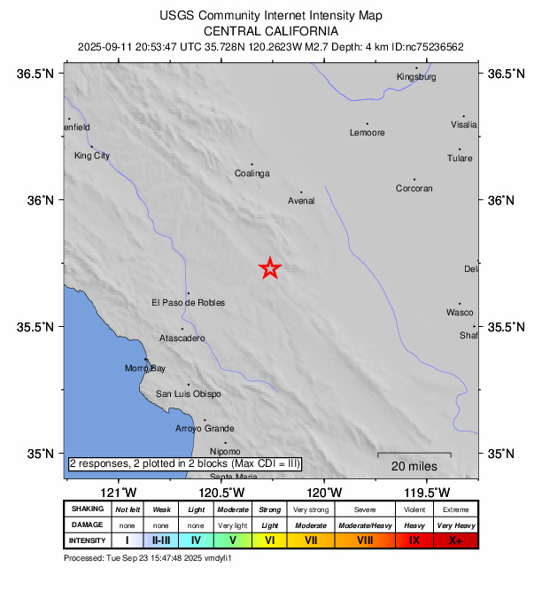 USGS DYFI community-reported intensity map for the M2.7 earthquake near 3 km ENE of Cholame, CA