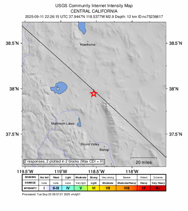 USGS DYFI community-reported intensity map for the M2.9 earthquake near 40 km S of Qualeys Camp, NV
