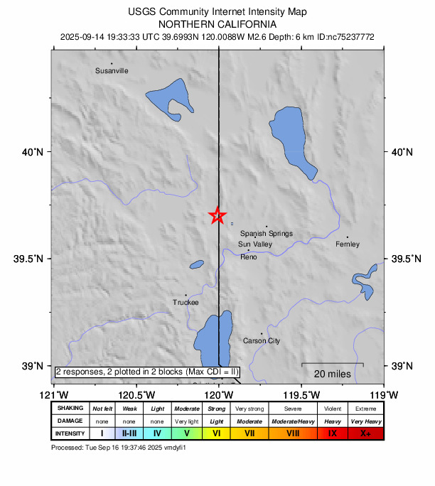 USGS DYFI community-reported intensity map for the M2.6 earthquake near 3 km NW of Cold Springs, NV
