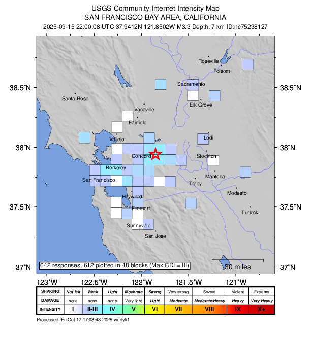 USGS DYFI community-reported intensity map for the M3.3 earthquake near 8 km E of Clayton, CA