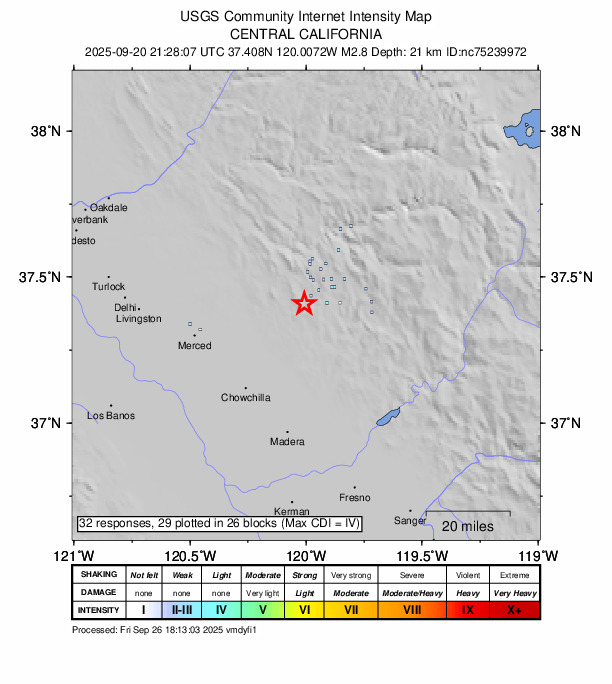 USGS DYFI community-reported intensity map for the M2.8 earthquake near 9 km SSW of Mariposa, CA