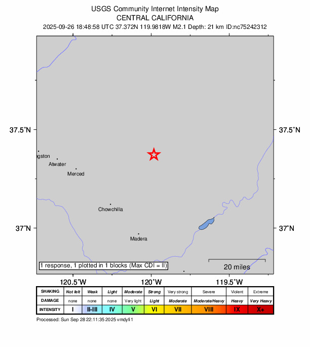 USGS DYFI community-reported intensity map for the M2.1 earthquake near 13 km S of Mariposa, CA