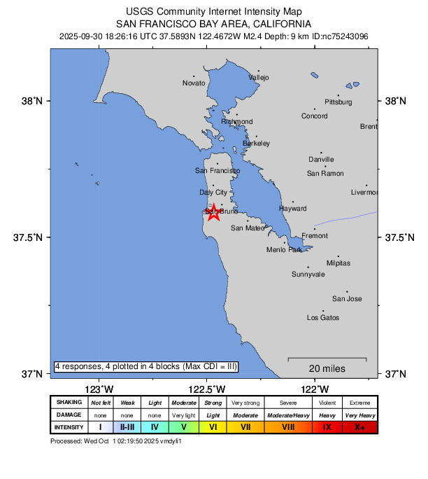 USGS DYFI community-reported intensity map for the M2.4 earthquake near 3 km SSE of Pacifica, CA