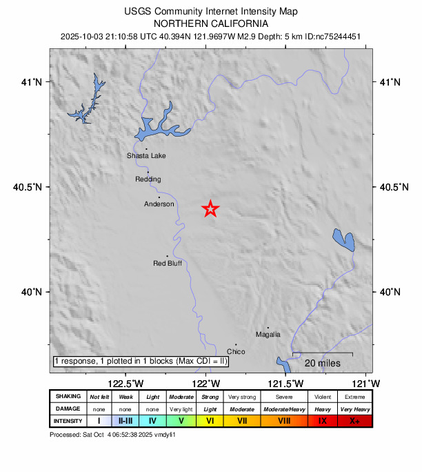USGS DYFI community-reported intensity map for the M2.9 earthquake near 9 km WSW of Manton, CA