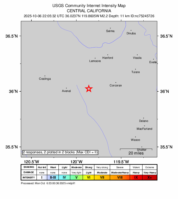 USGS DYFI community-reported intensity map for the M2.2 earthquake near 9 km E of Kettleman City, CA