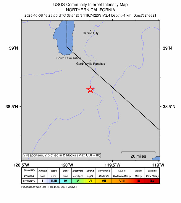 USGS DYFI community-reported intensity map for the M2.4 earthquake near 7 km SE of Markleeville, CA