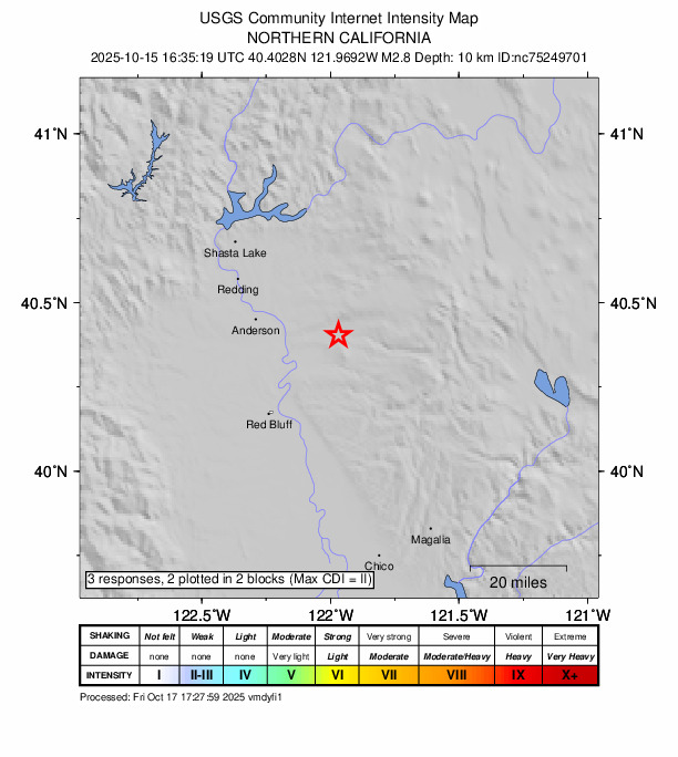 USGS DYFI community-reported intensity map for the M2.8 earthquake near 9 km WSW of Manton, CA