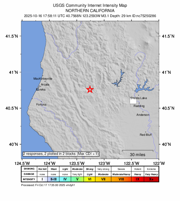USGS DYFI community-reported intensity map for the M3.1 earthquake near 23 km NNW of Hayfork, CA