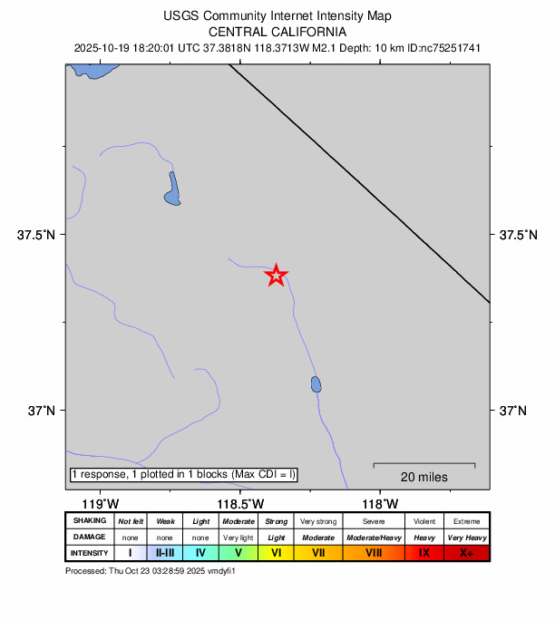 USGS DYFI community-reported intensity map for the M2.1 earthquake near 3 km NE of Bishop, CA