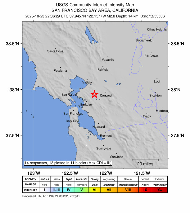 USGS DYFI community-reported intensity map for the M2.8 earthquake near 8 km NNW of Lafayette, CA