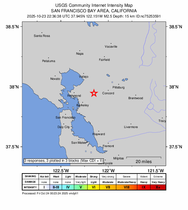 USGS DYFI community-reported intensity map for the M2.5 earthquake near 7 km NNW of Lafayette, CA